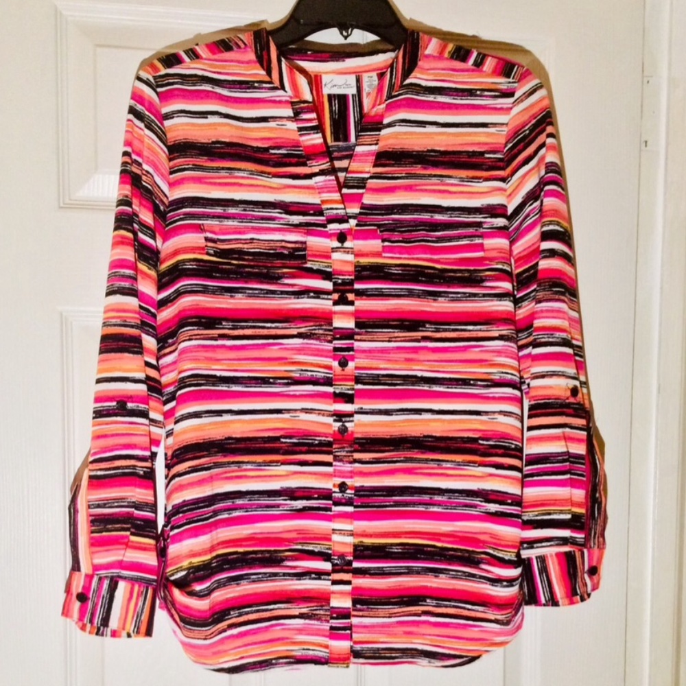🔥Kim Rogers neon pink, orange, black & white stripe tunic